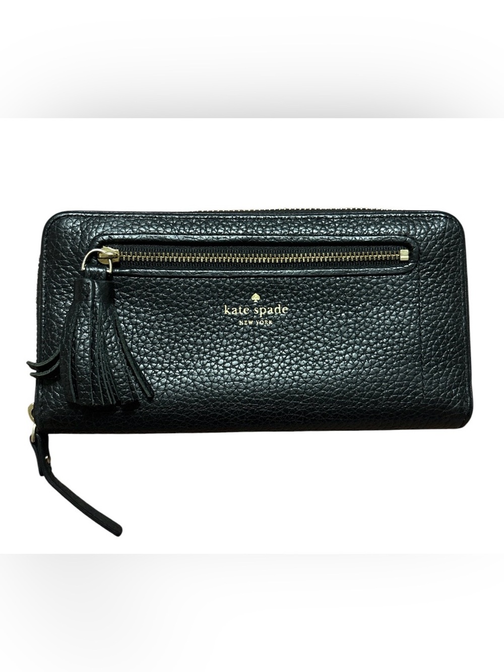 kate spade Black Pebbled Leather Tassel Zip Wallet